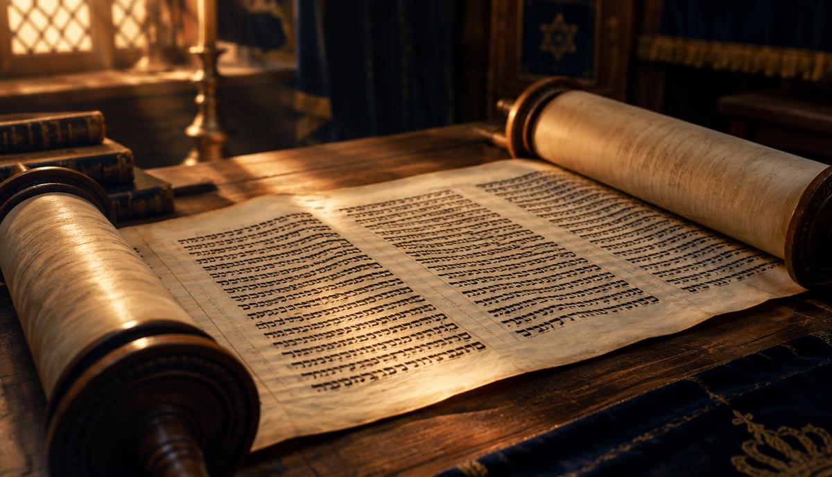 Rouleau de Torah ancien ouvert sur une table d’étude