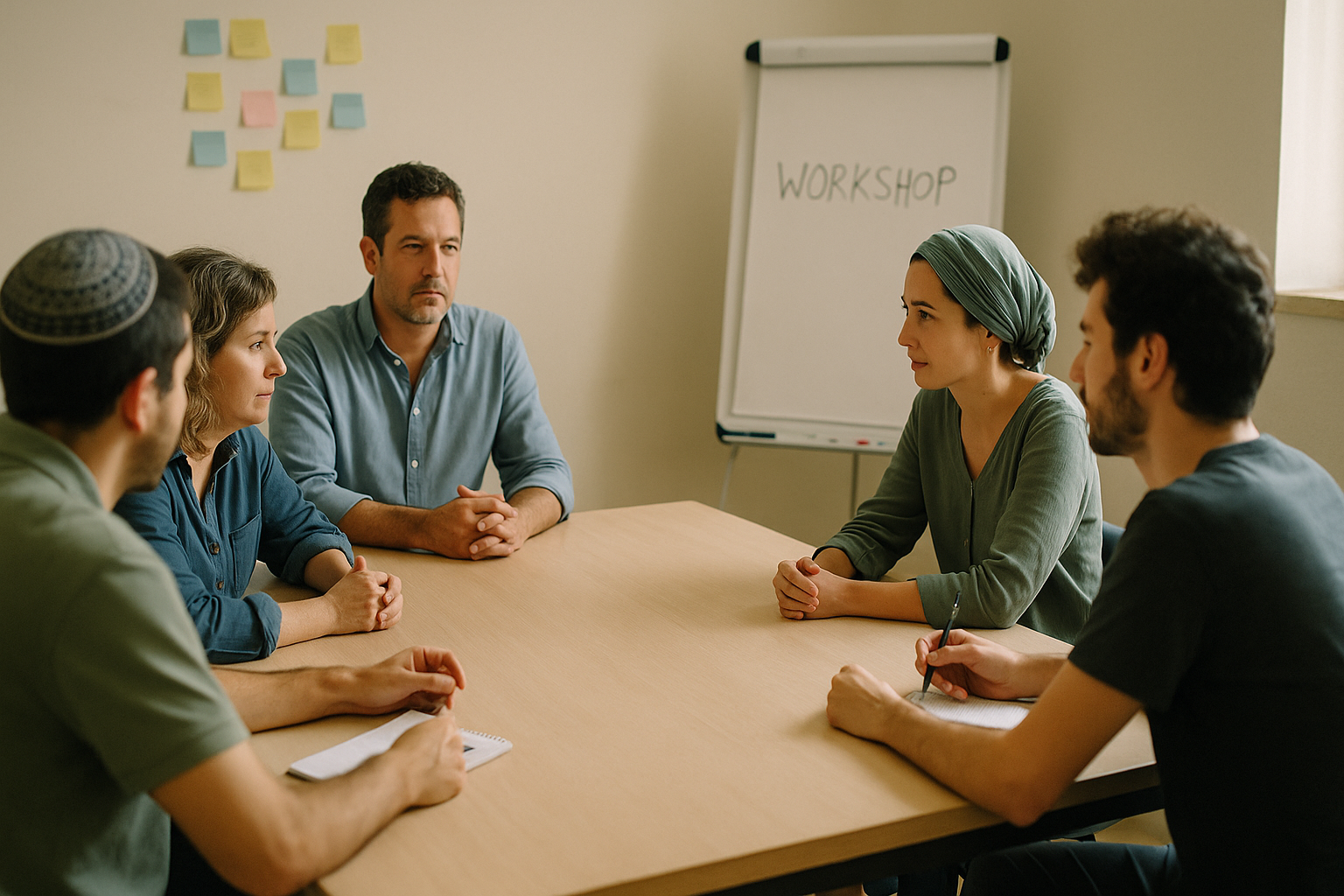 Atelier : médiateur guidant un groupe dans un exercice d’écoute